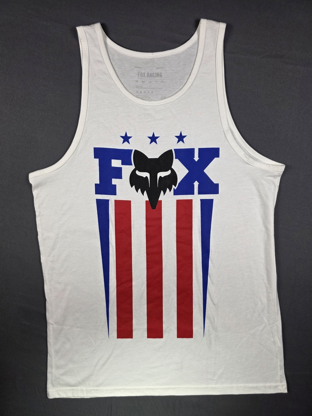 Fox Men's White Tank Top with Red and Blue Patriotic Logo